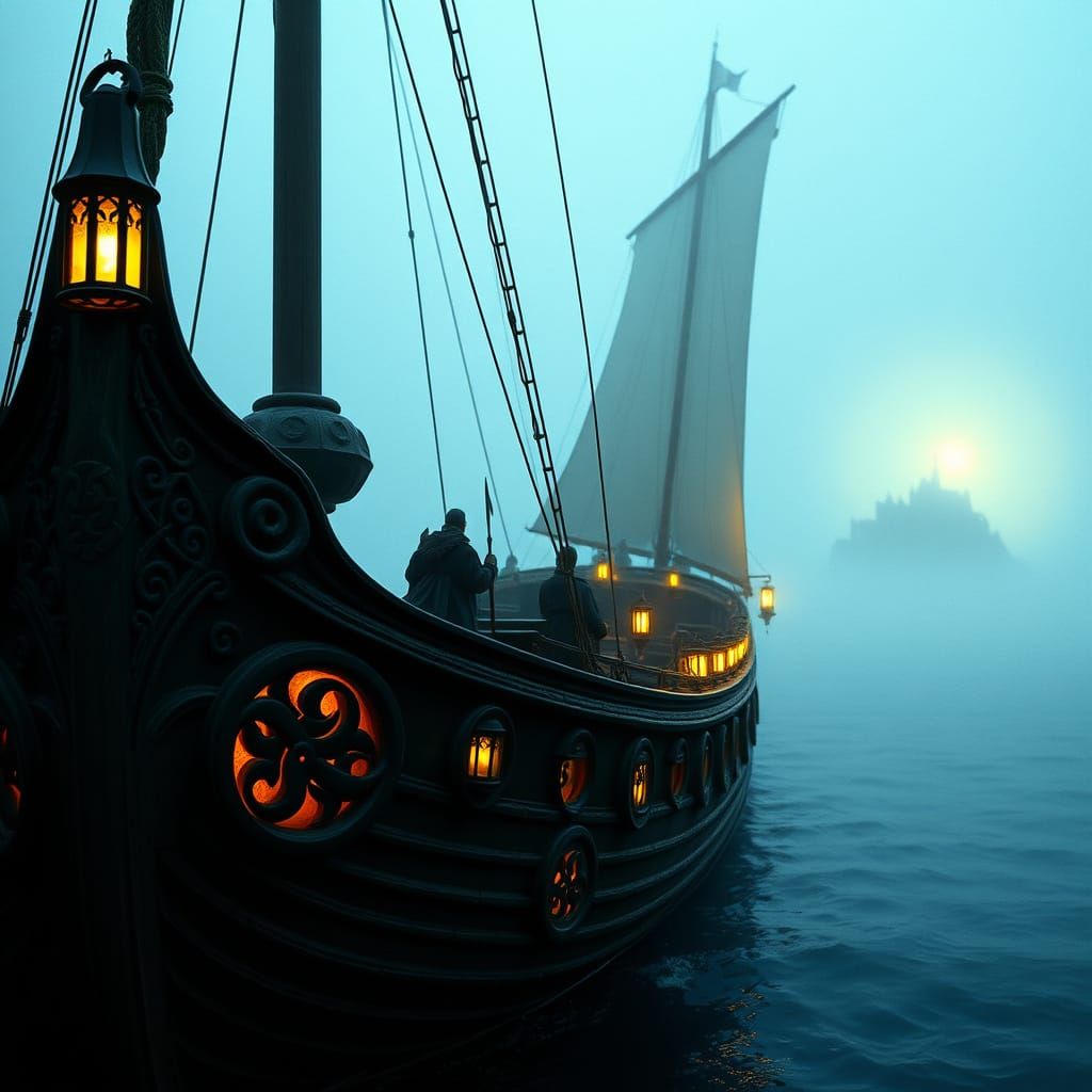 Mystical Celtic Ship on Ethereal Voyage