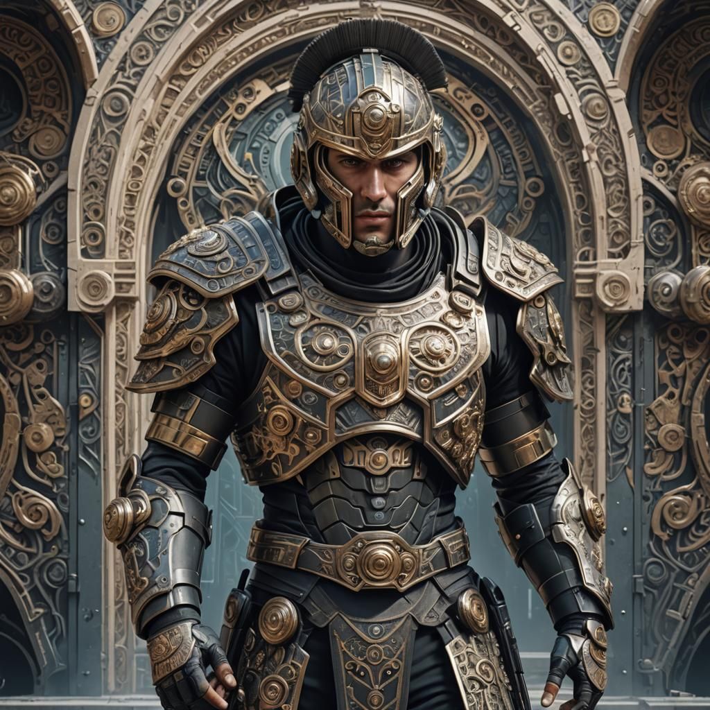 Greek Soldier in Cyberpunk Armor: Hyperrealistic Rendering