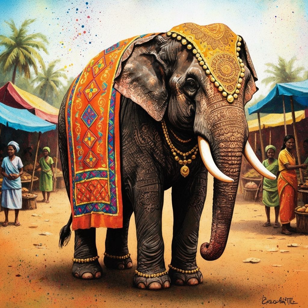 Majestic Elephant in Bustling Market, Spray Paint Style