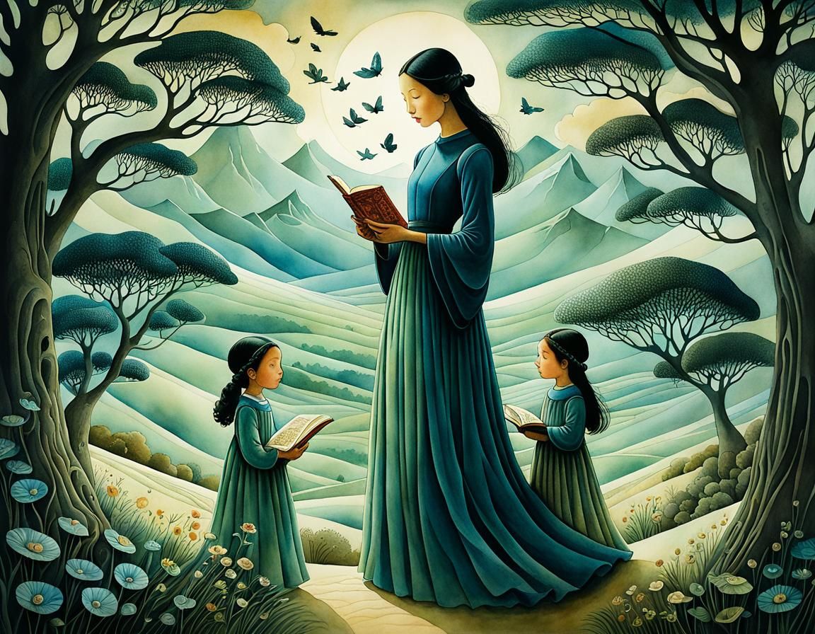 Whimsical Mother and Children Storybook Illustration