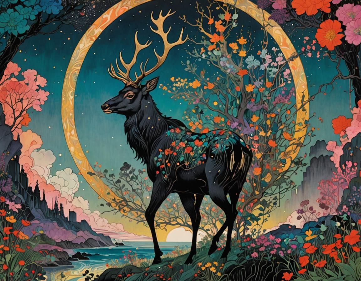 Psychedelic Fairy Stag Emerges from Darkness