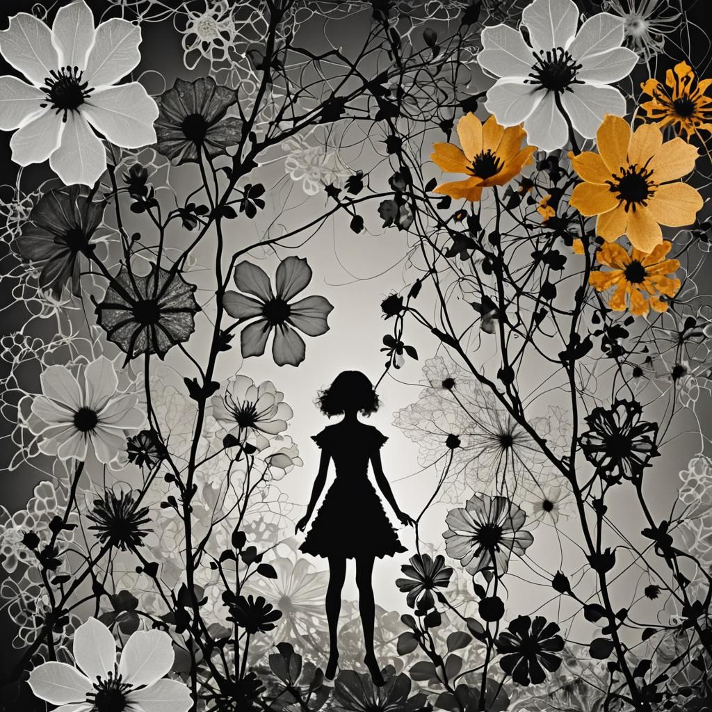 Surreal Black and White Photogram with Flowers