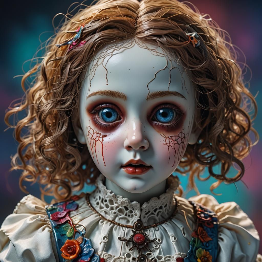 Haunted Porcelain Doll with Dead Eyes in Horror Style