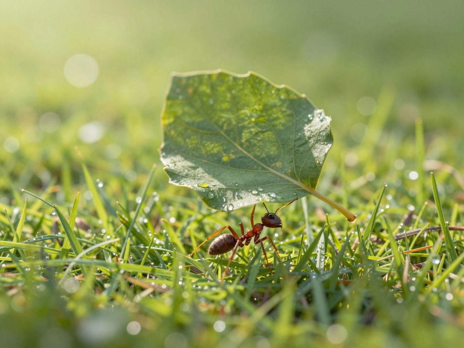 Ant's Giant Leaf Victory in Sunlit Meadow