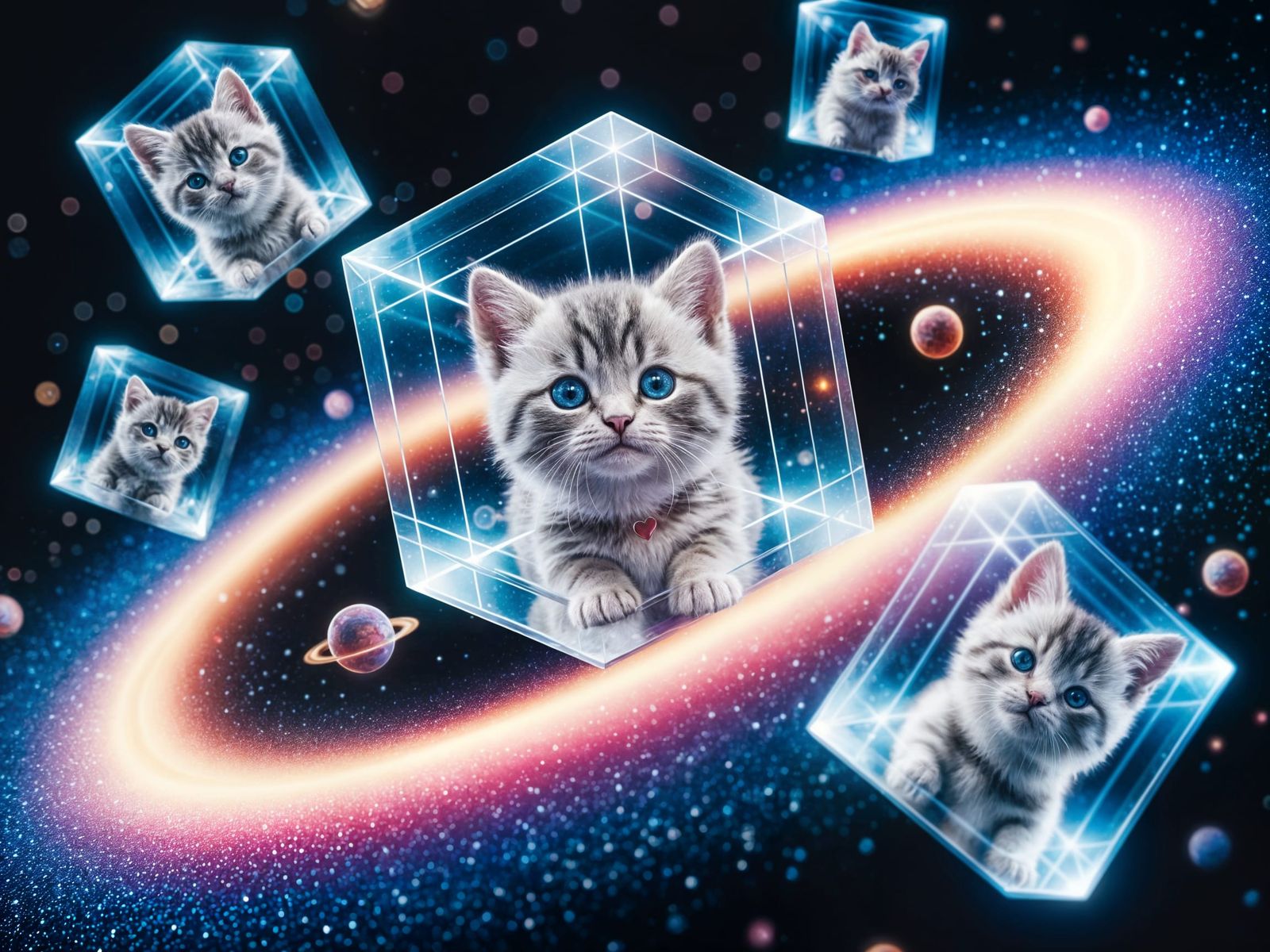 Glowing Glass Cubes Contain Adorable Kittens in a Vibrant Ga...