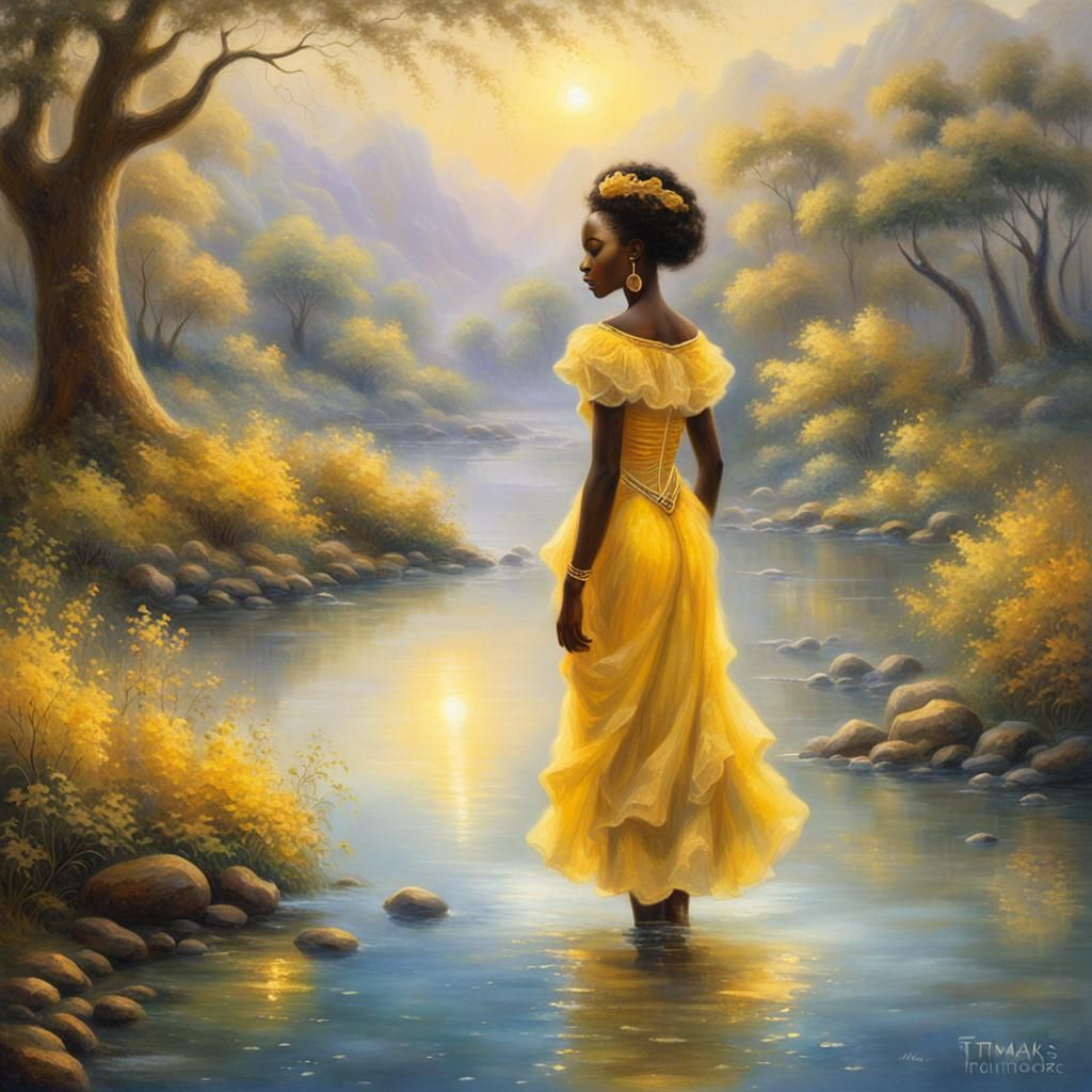 Ethereal African Woman in River, Kinkade Style
