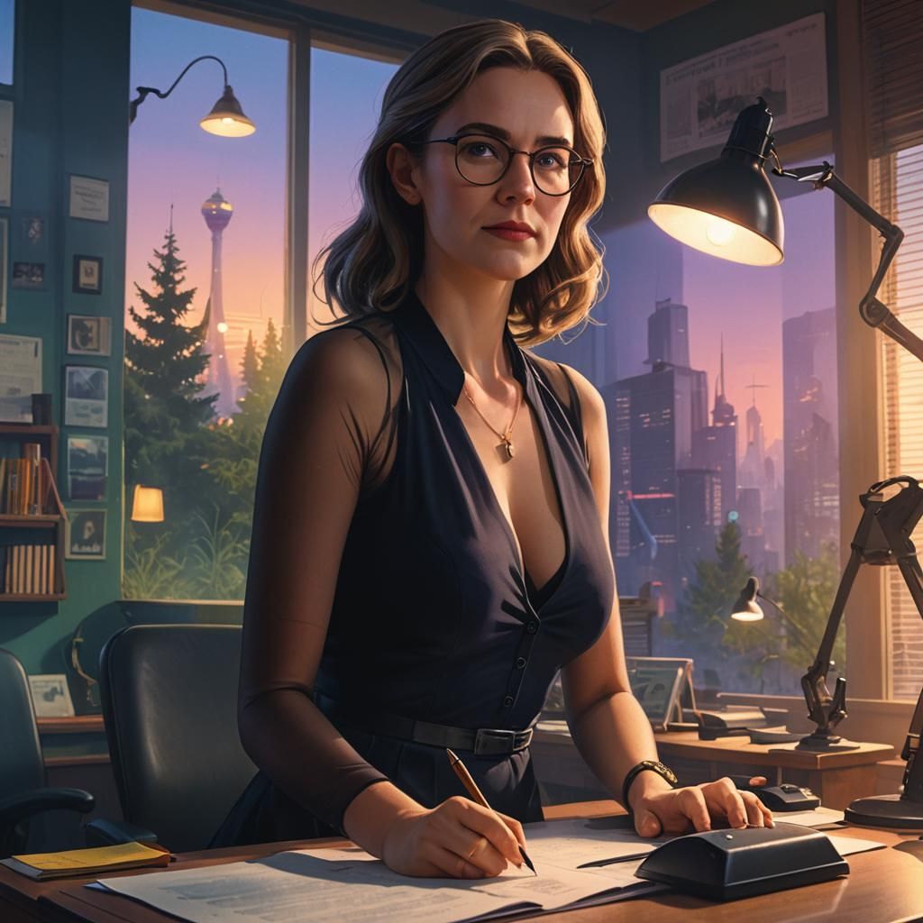 Secretary in Sheer Dress, Hyperrealistic Matte Painting
