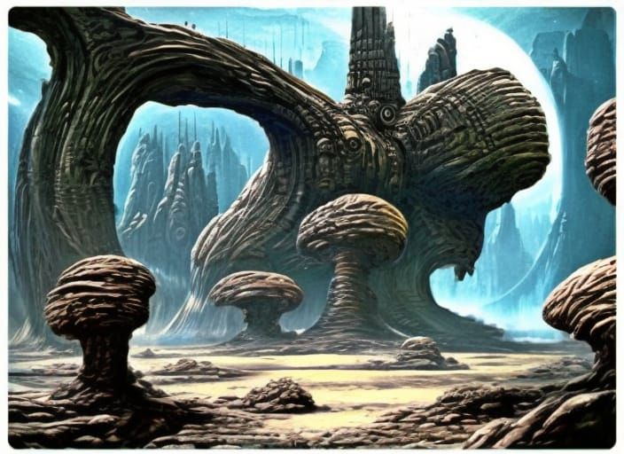 Alien Planet with Ruins and Spaceships, Detailed Matte Paint...