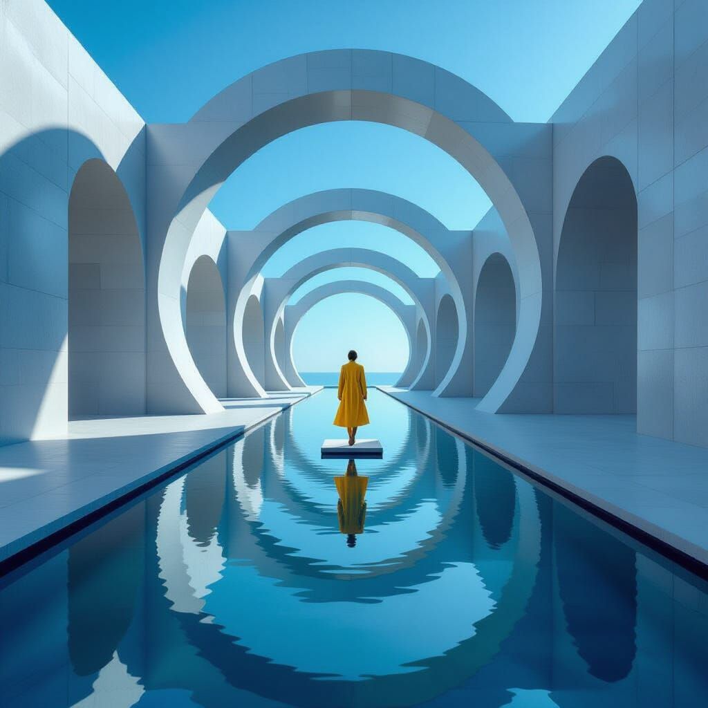 Surreal Architectural Corridor with Figure in Yellow