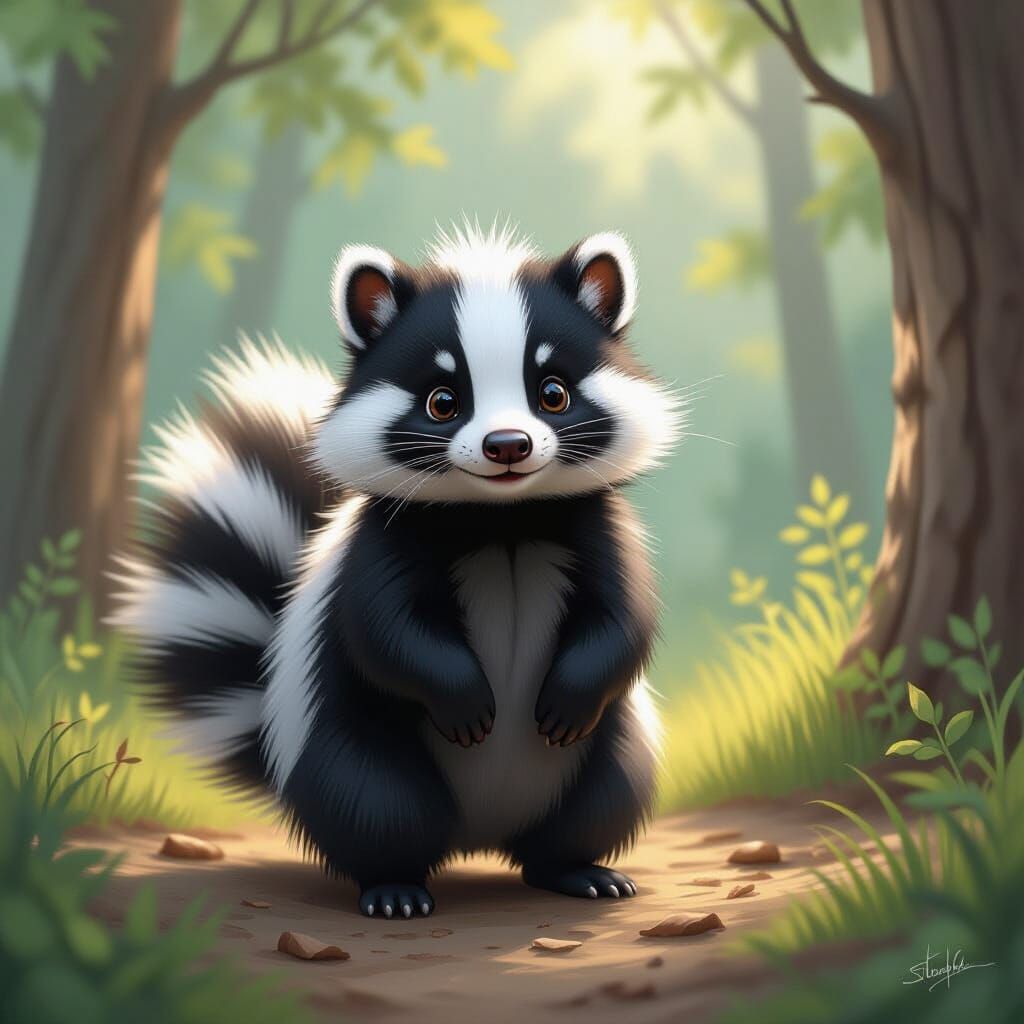 Detailed Skunk in Forest, Watercolor and Realism