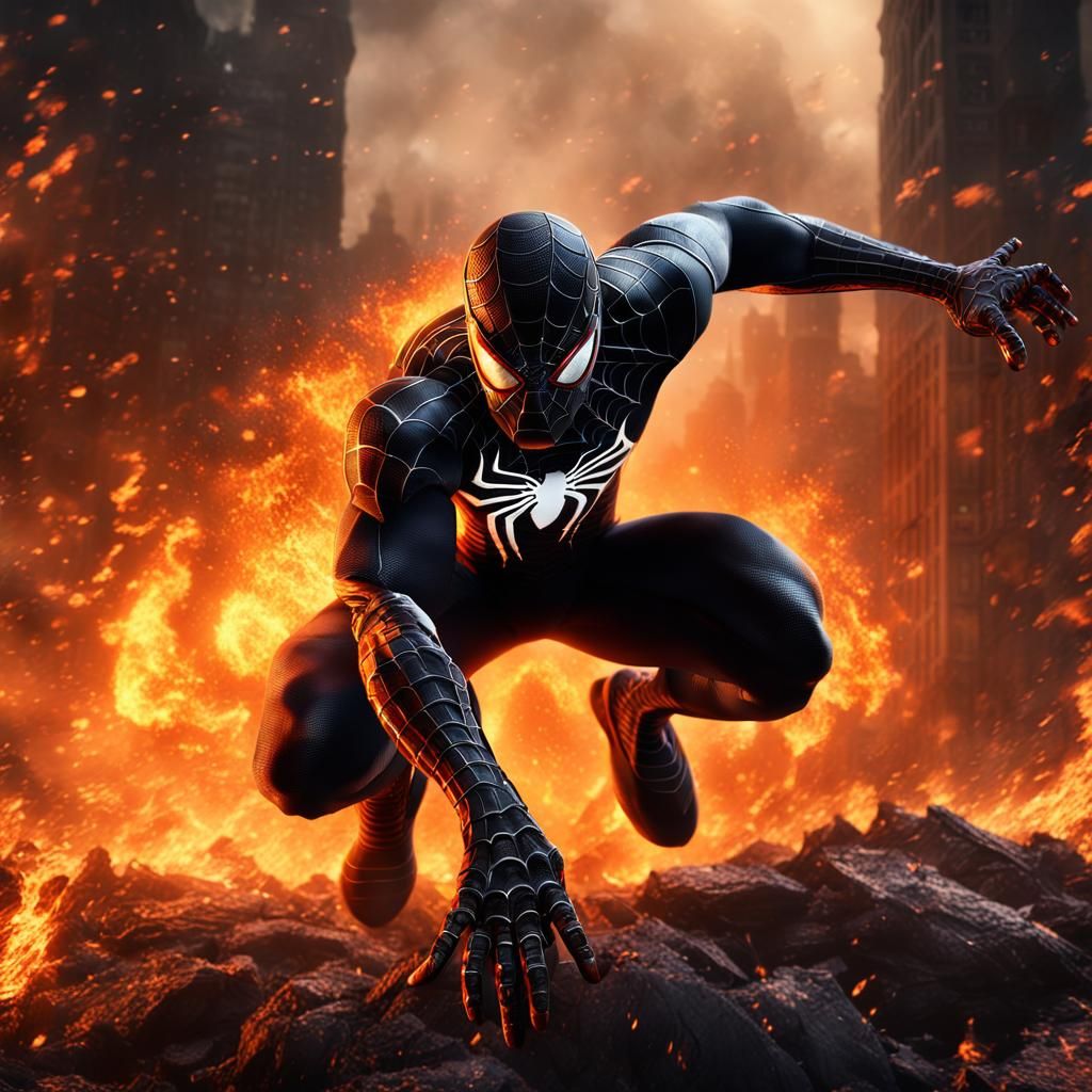 Black Spider-Man Emerges from Fire: Fantasy Concept Art