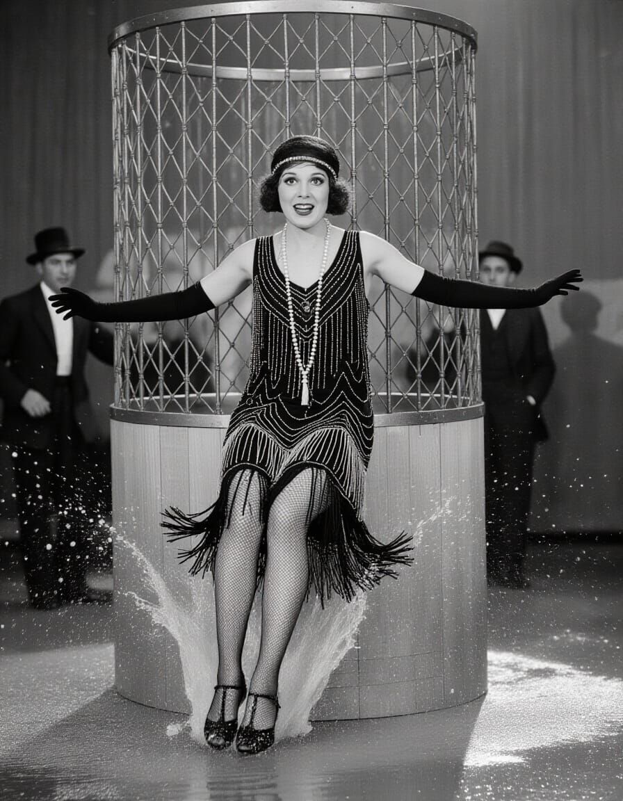 Flapper's Dunk Tank Plunge: A Silent Comedy Scene