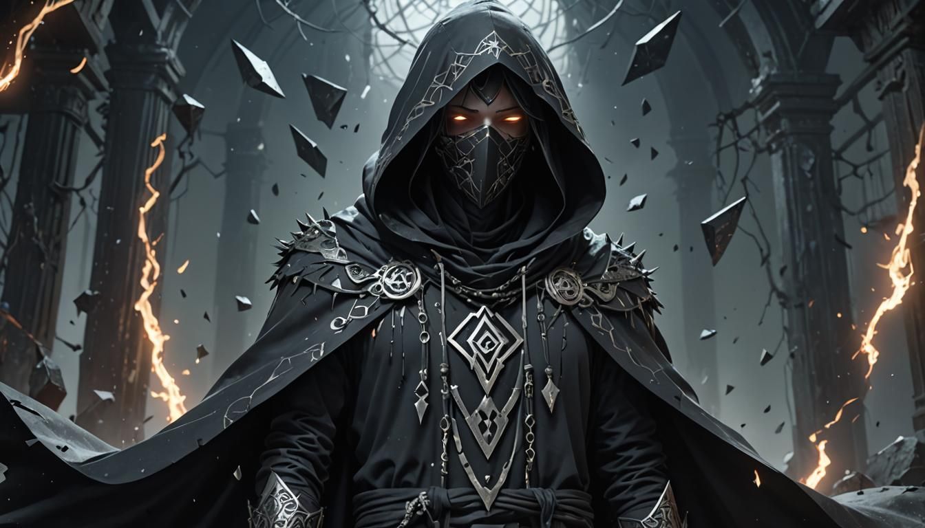 Mysterious Dark Fantasy Figure with Glowing Symbols