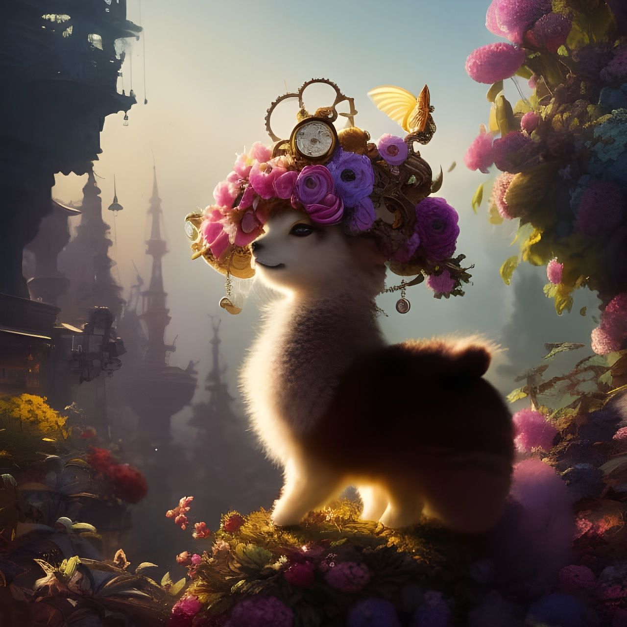 Steampunk Chibi Llama in Flower Garden