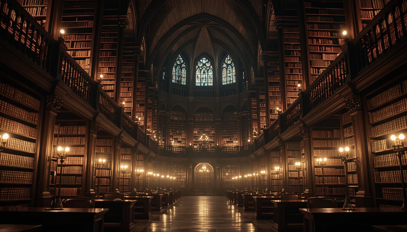Grand Gothic Library Hall in Cinematic Style