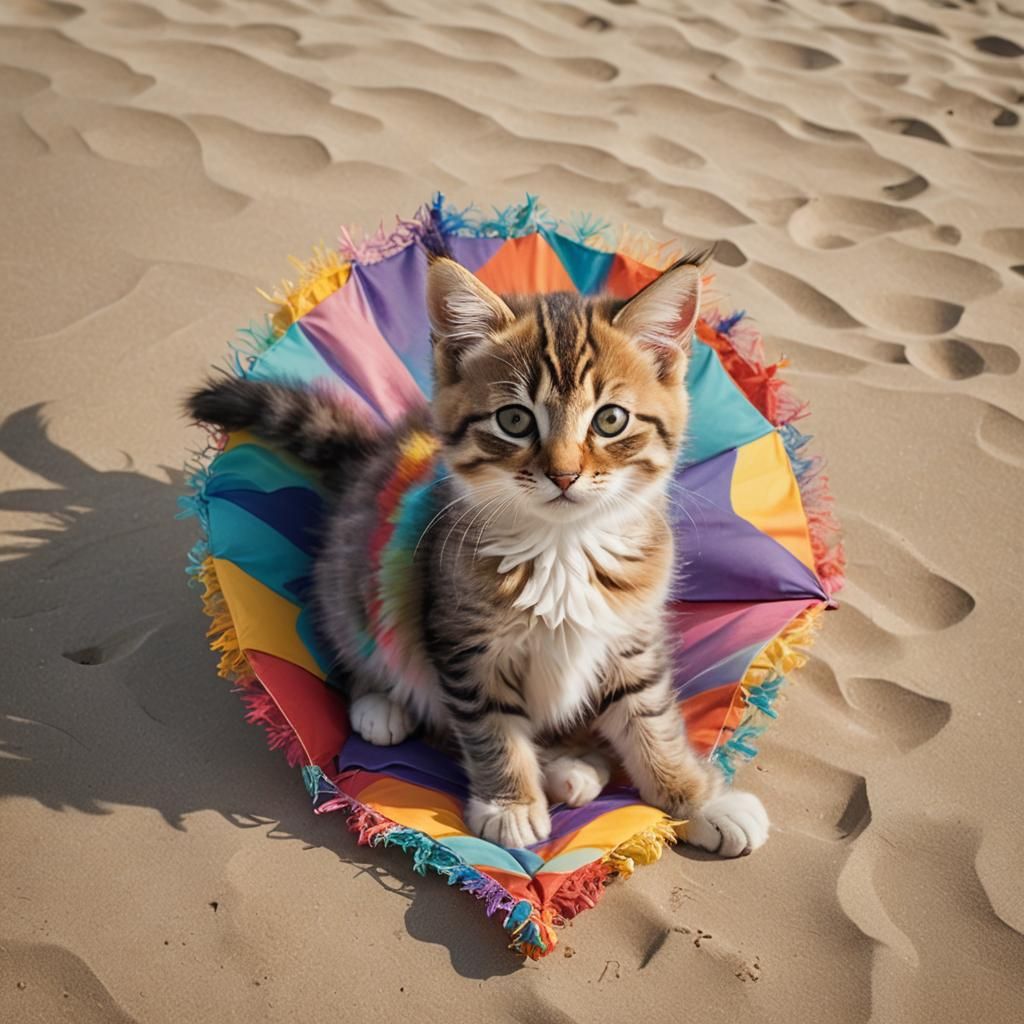 Rainbow Kitten on Beach in Anime Style