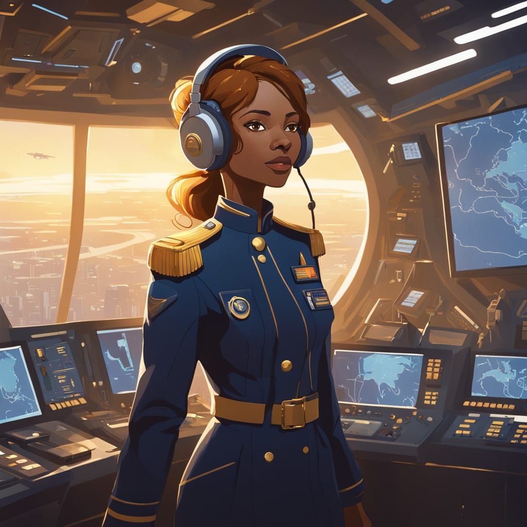Futuristic Air Traffic Controller in Navy Blue Uniform