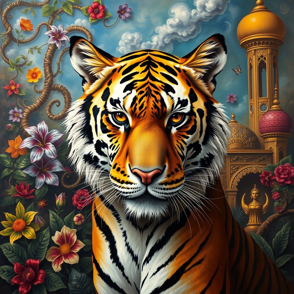 Tiger with Distorted, Dreamlike Features in Vibrant Surreali...
