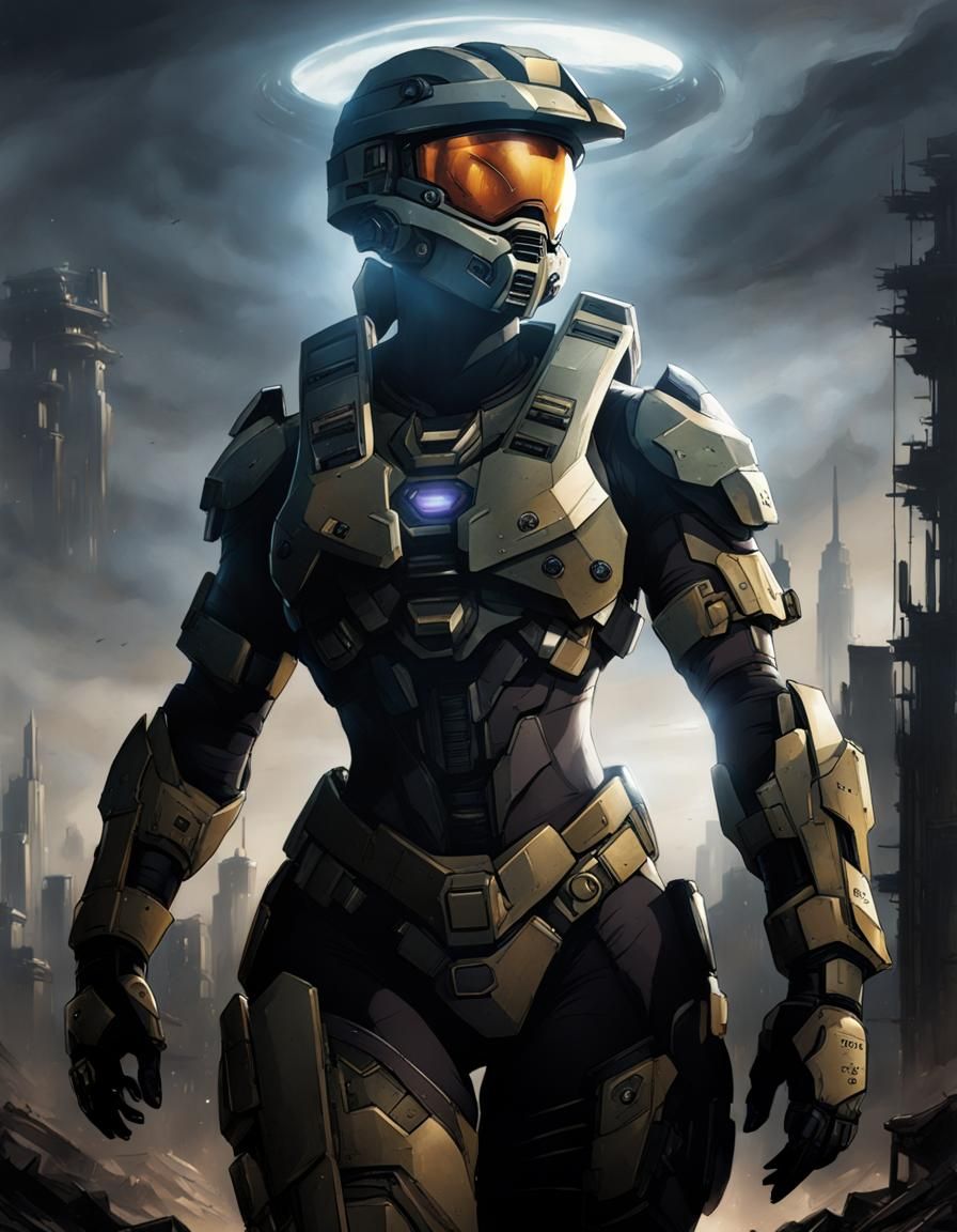 Female Spartan in Apocalyptic City, Black Ink Comic Style