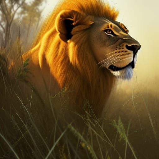 Lion Portrait on African Plains in Digital Art Style