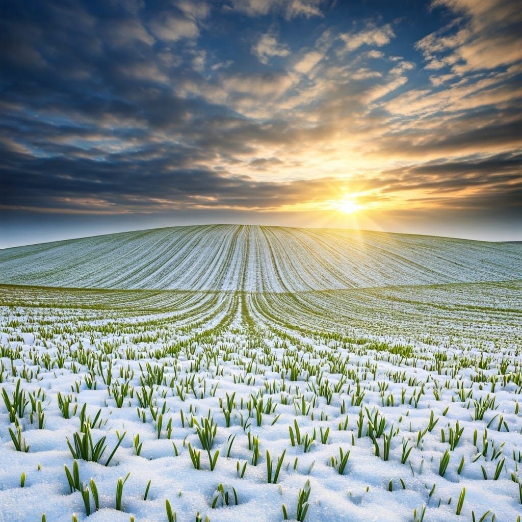 Epic Sunrise Amid Snowdrops in a Photorealistic Landscape