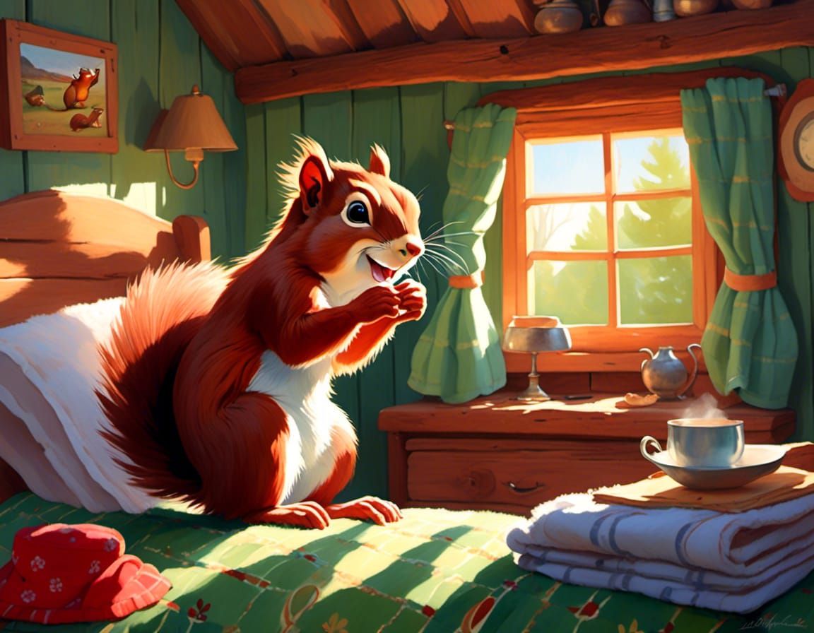 Red Squirrel Wakes Up in Cozy Cabin