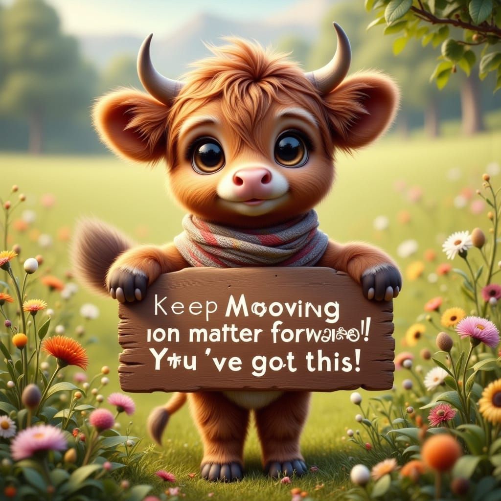 Adorable Highland Cow with Motivational Sign