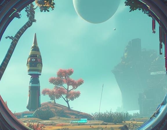 Vibrant Alien Landscape with Haunting Relics