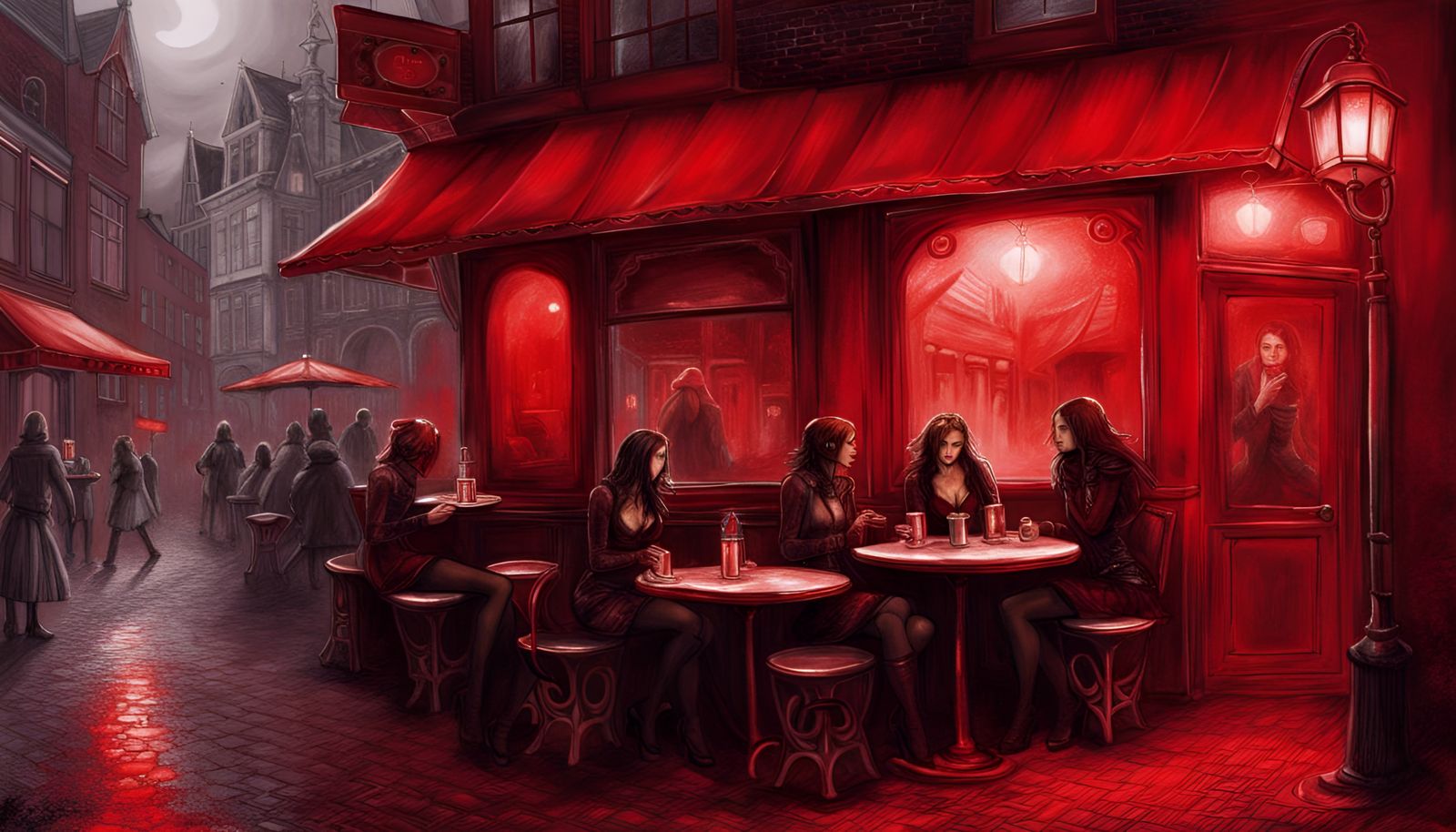 Amsterdam Cafe in Red Light District, Luis Royo Style