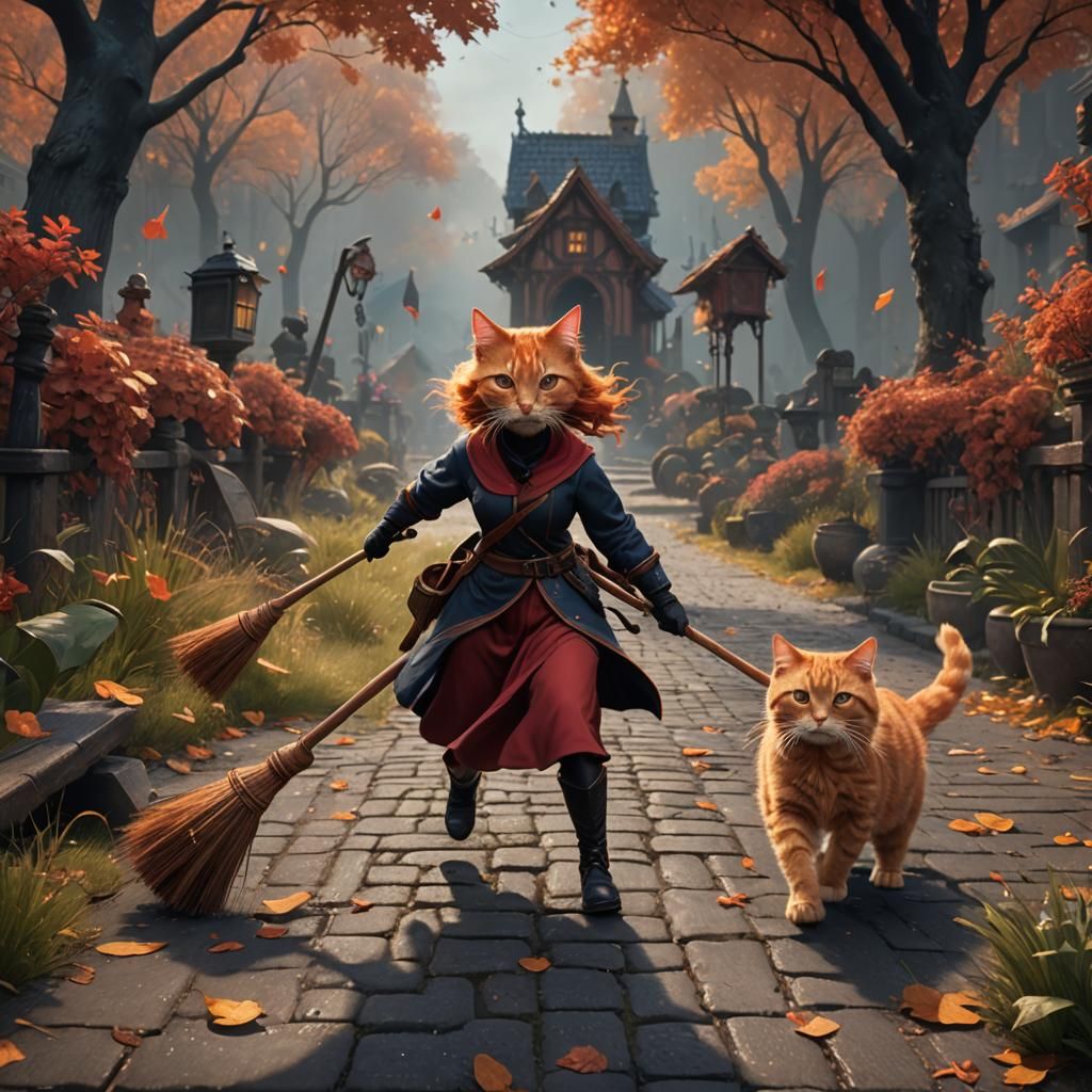 Girl Chasing Cat: Detailed Matte Painting