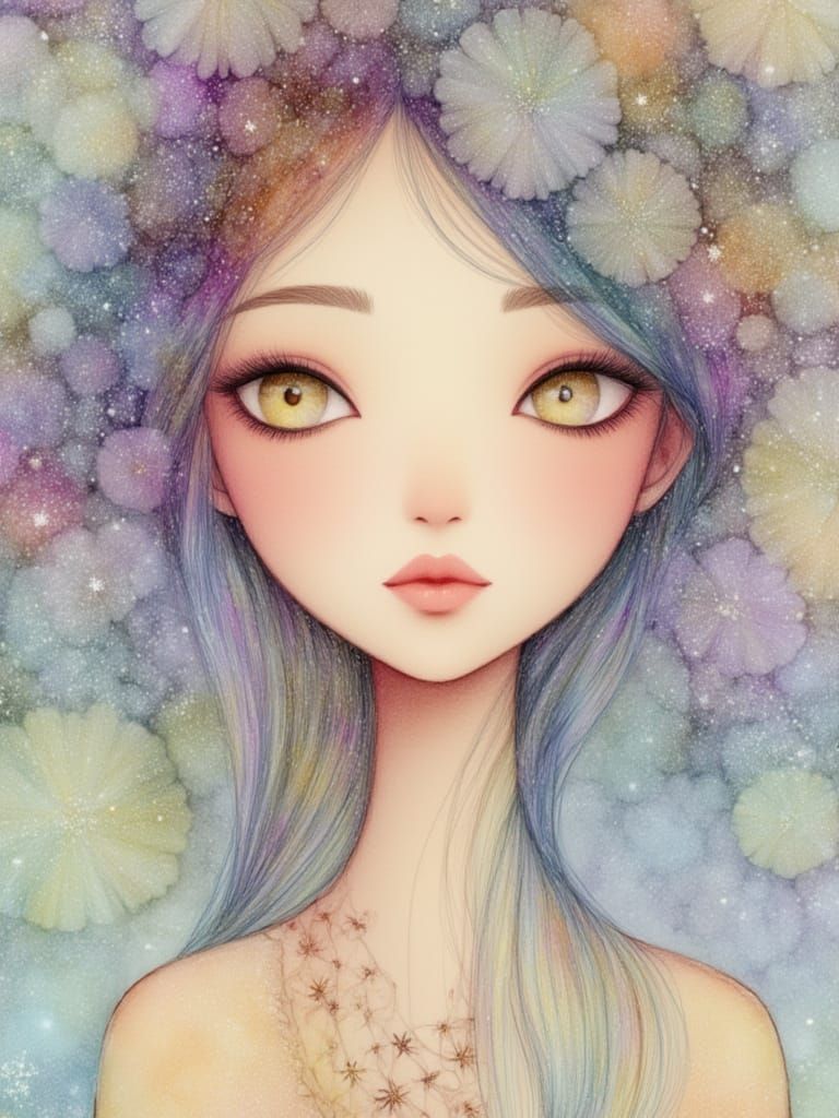 Dainty Female Character in Flowing Alcohol Ink Style