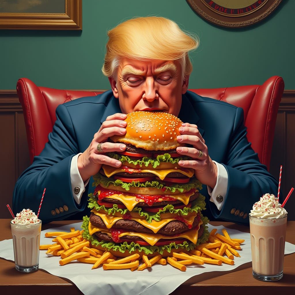 Donald Trump Devouring Burgers in a Digital Art Style