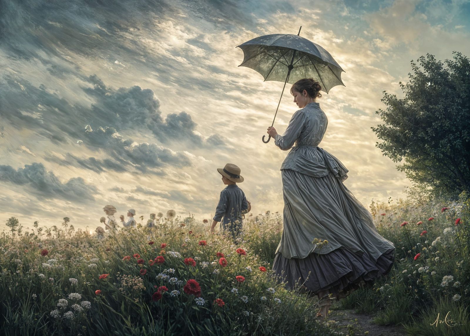 Impressionist Woman With a Parasol in a Floral Field