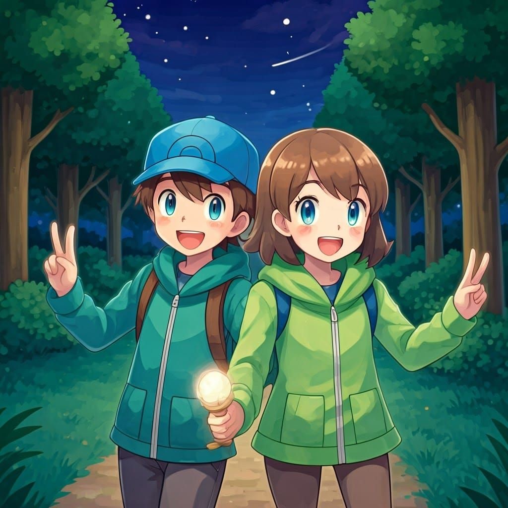Pokémon Trainers' Nighttime Field Trip in Watercolor Style