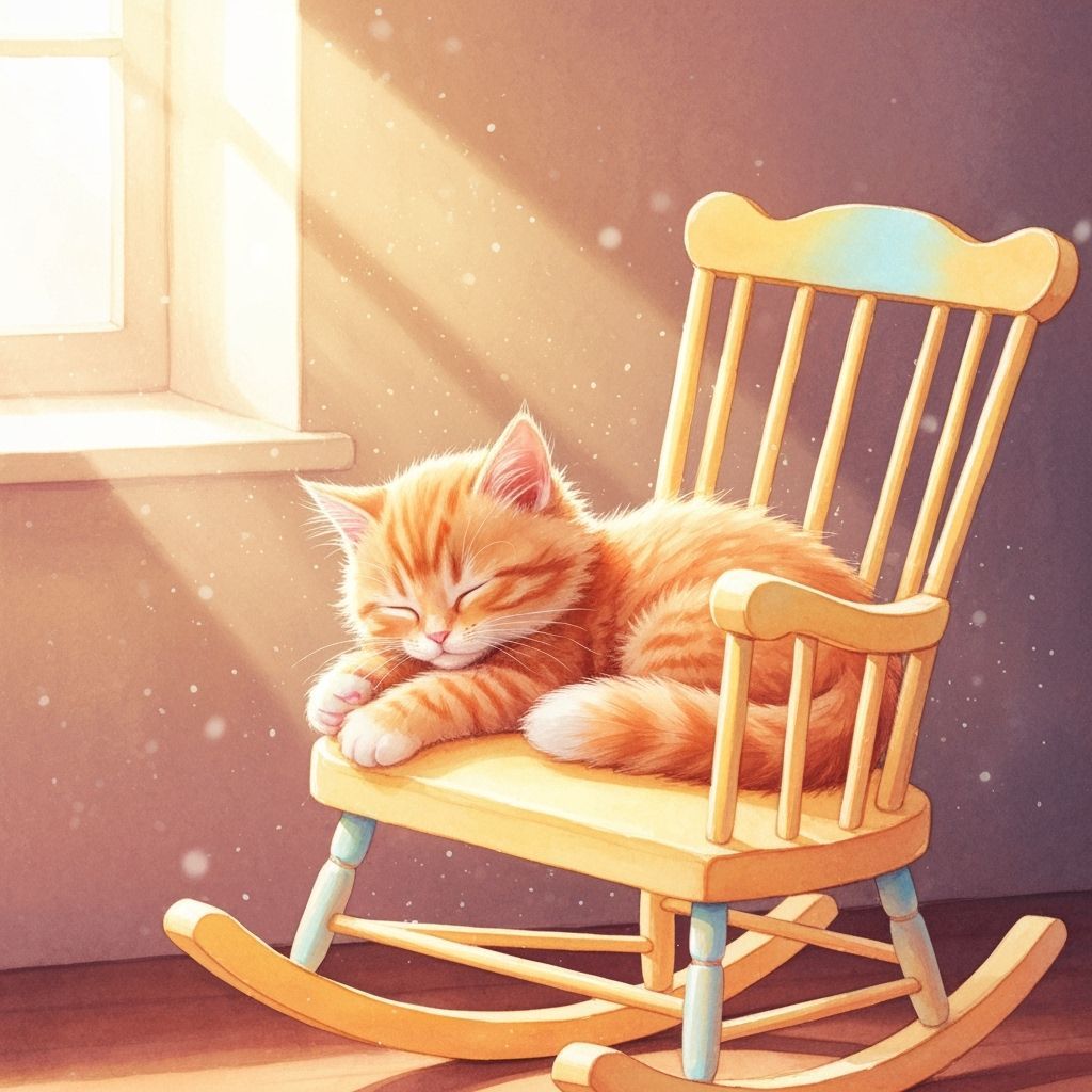 Cute Kitten Napping in Rocking Chair, Watercolour Illustrati...
