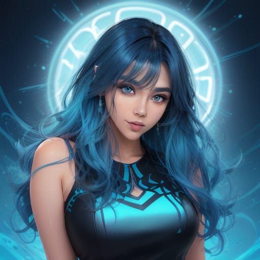 Woman with Flowing Neon Blue Hair Splash Art