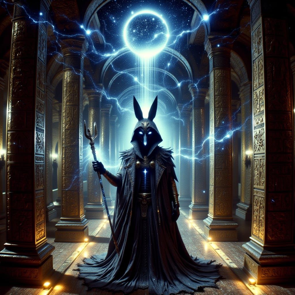 Celestial Anubis Stands Before Hall of Two Truths in Magical...