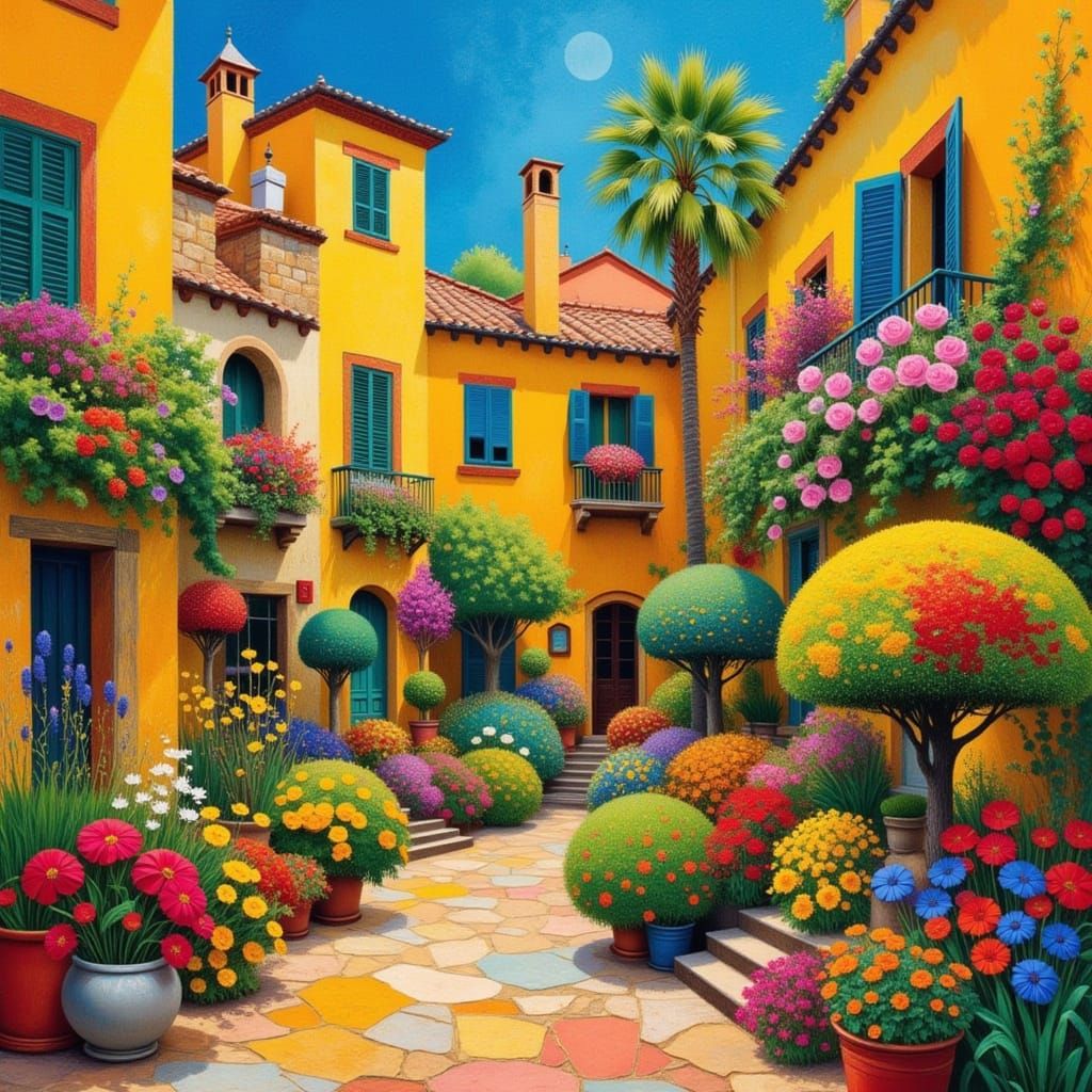 Abstract Italian Courtyard Collage with Maximalist Garden