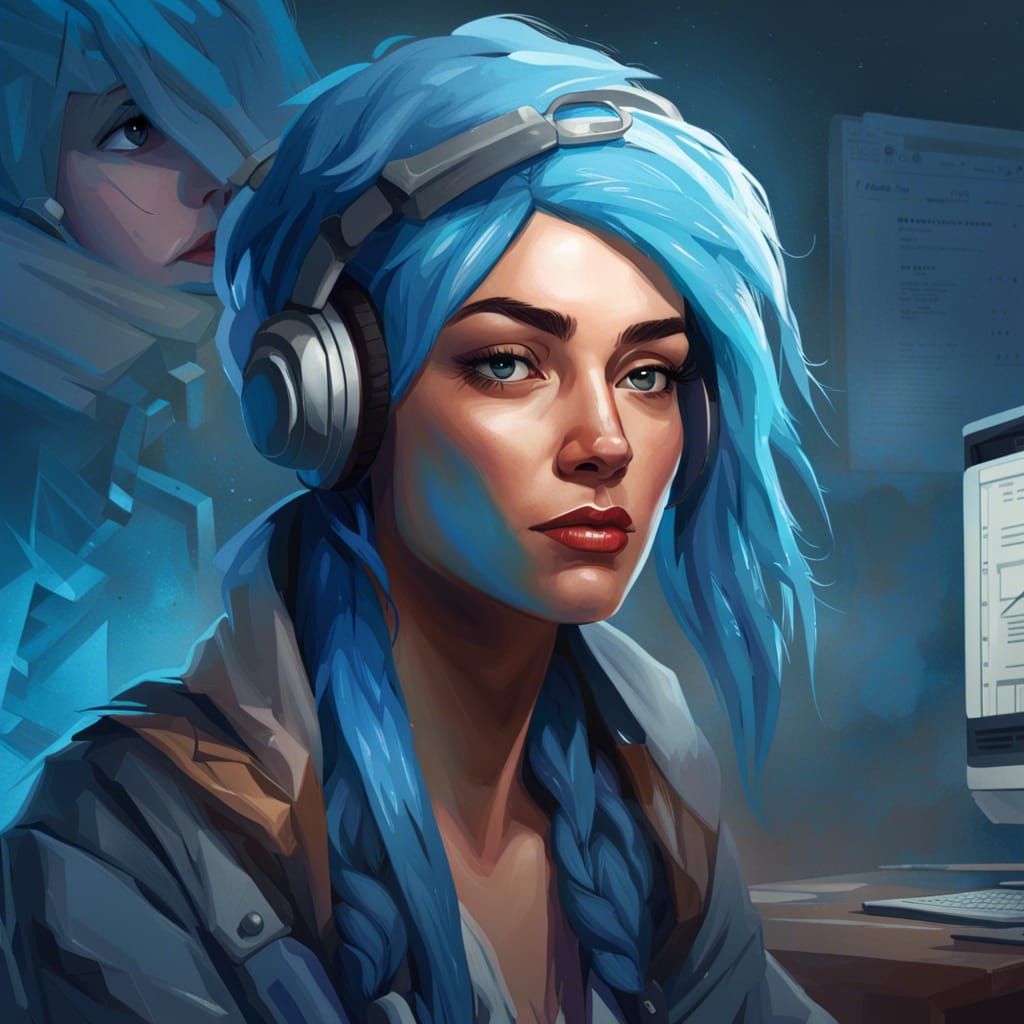 Blue-Haired Programmer: Hero Image in Digital Art Style