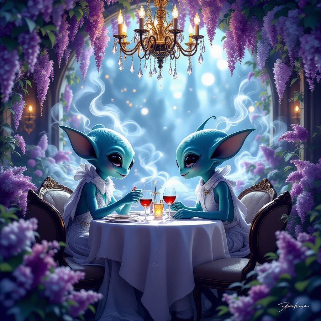 Whimsical Aliens on a Romantic Date in Lilac-Adorned Restaur...