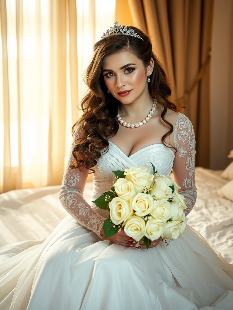 A crossdresser as bride sits serenely, embodying elegance and grace. Her latex gown features a classic design with a fit...