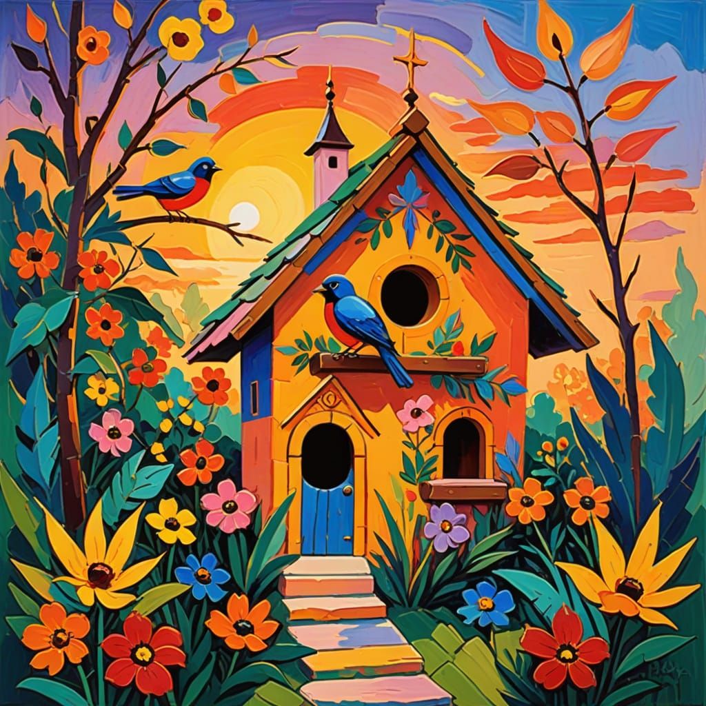 Fauvist Birdhouse in Lush Garden at Sunset
