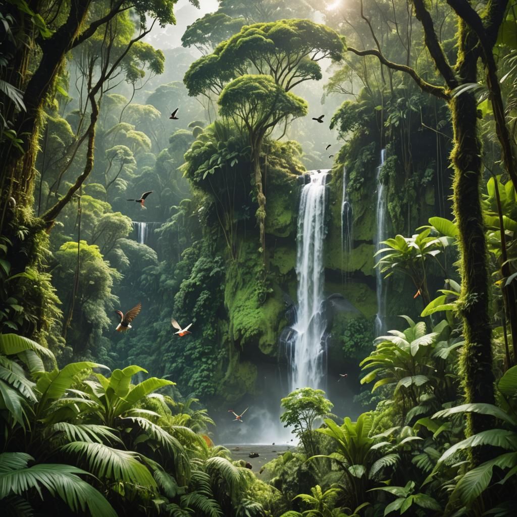 Lush Green Rainforest with Waterfall and Birds