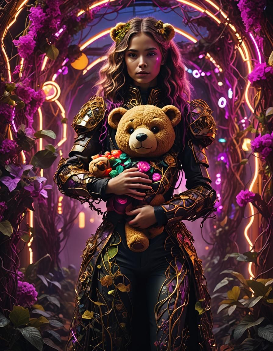 Futuristic Woman with Teddy Bear in Solarpunk Style