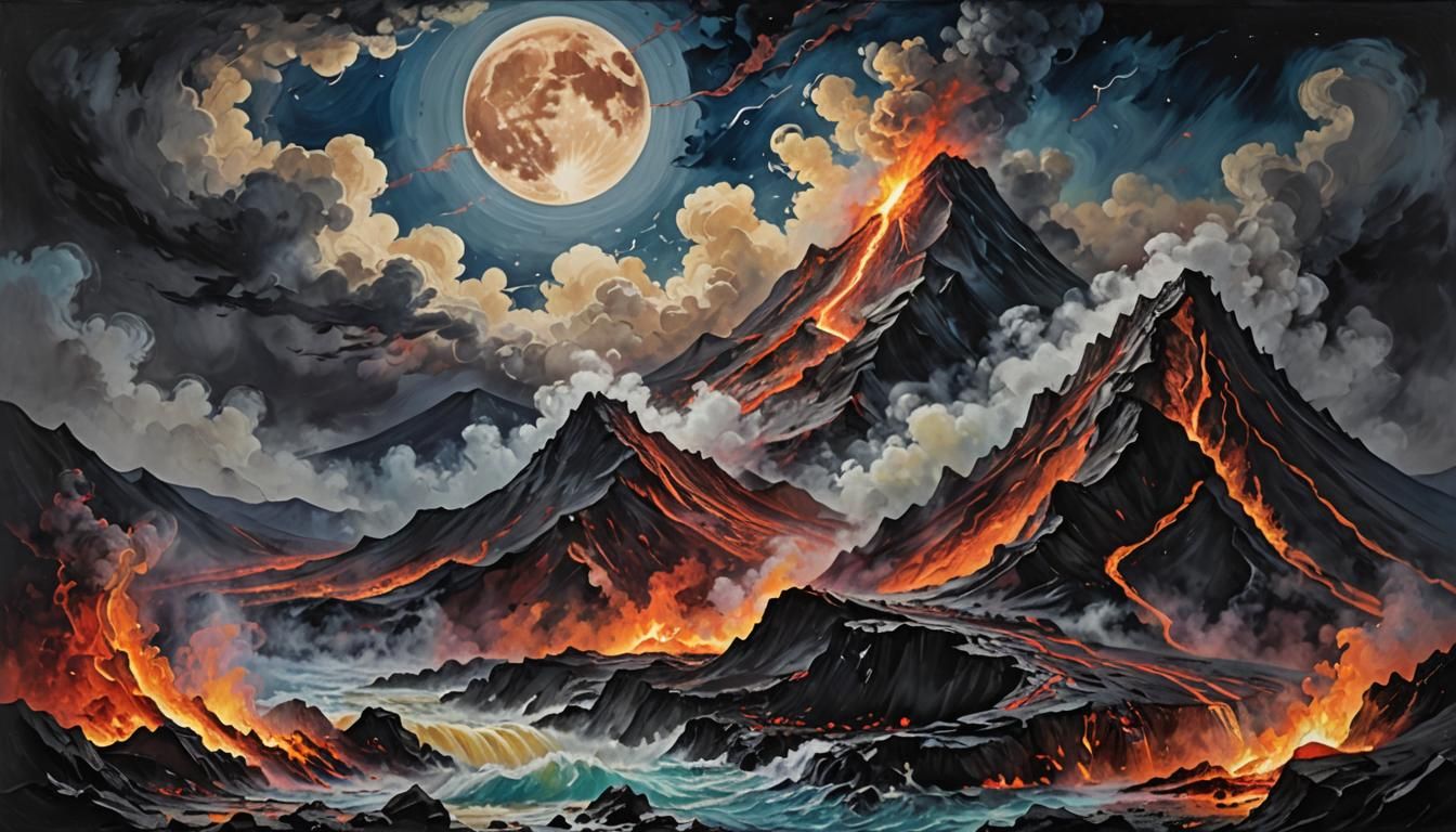 Volcano Eruption Under Moonlight: A Post-Impressionist Paint...