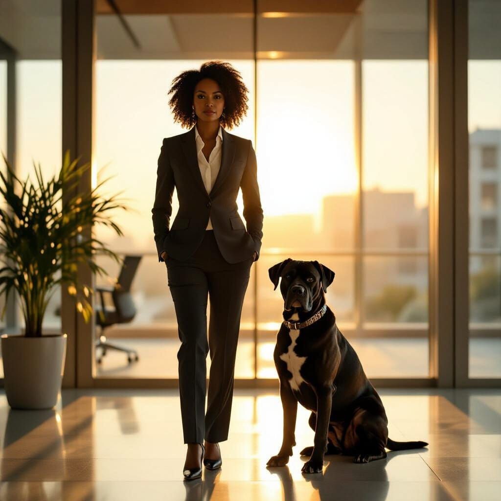 Confident Executive with Cane Corso in Sunlight