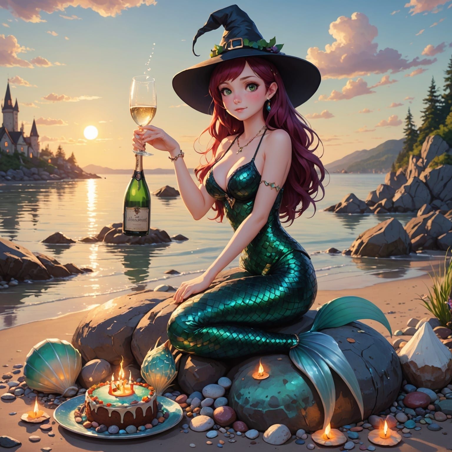Beautiful Anime Mermaid Girl Celebrates Birthday on Beach
