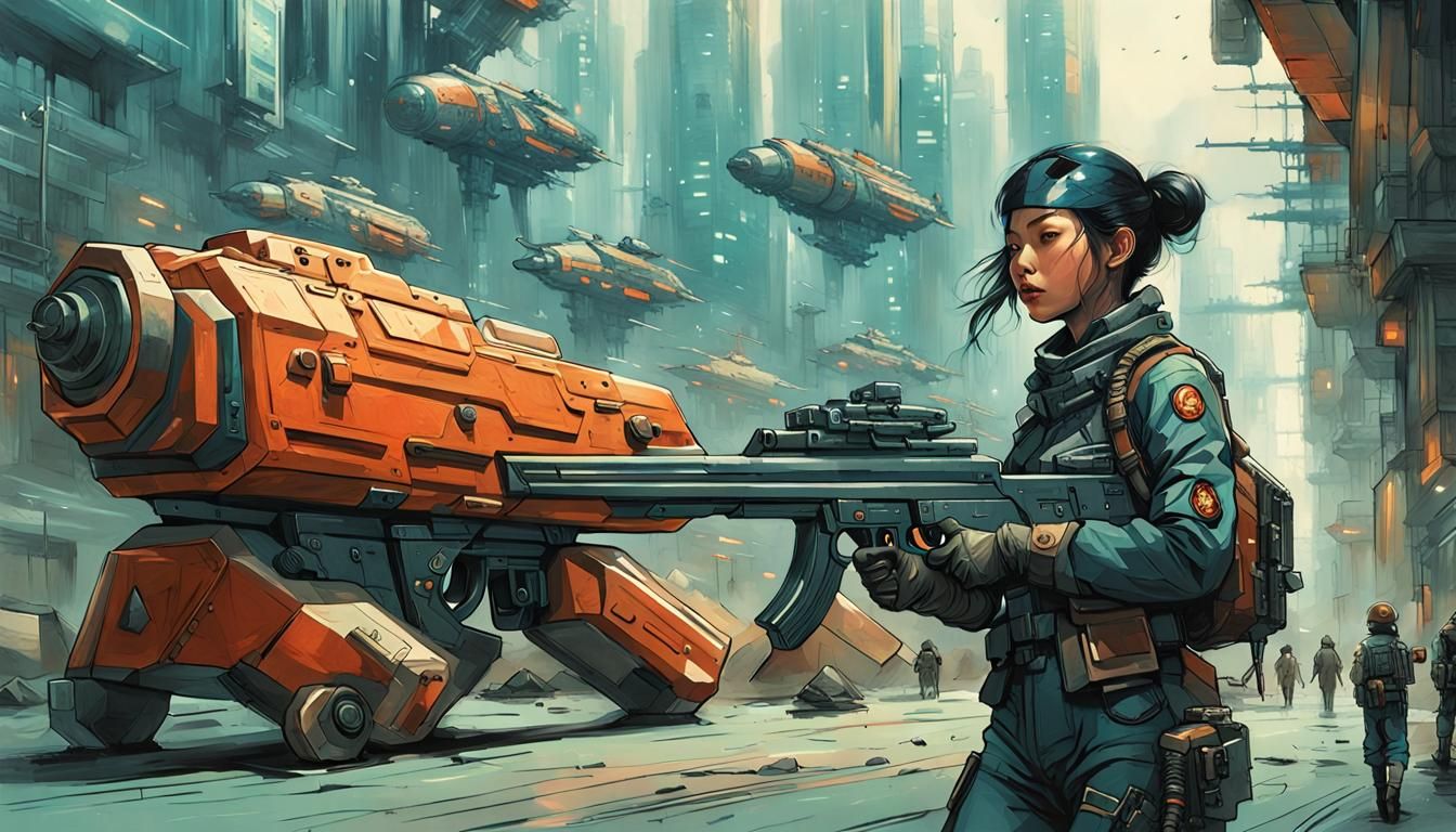 Retro Futuristic Asian Soldier with Flying Bike