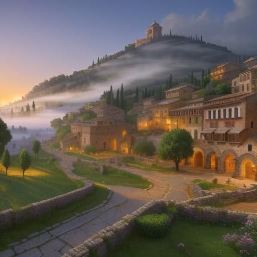 Ancient Roman Village in Detailed Tuscan Landscape