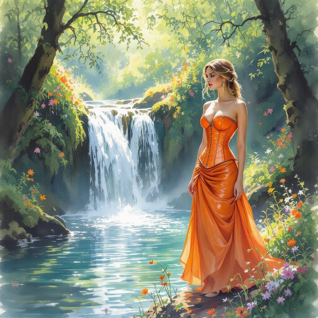 Woman by Waterfall in Impressionistic Watercolor Style